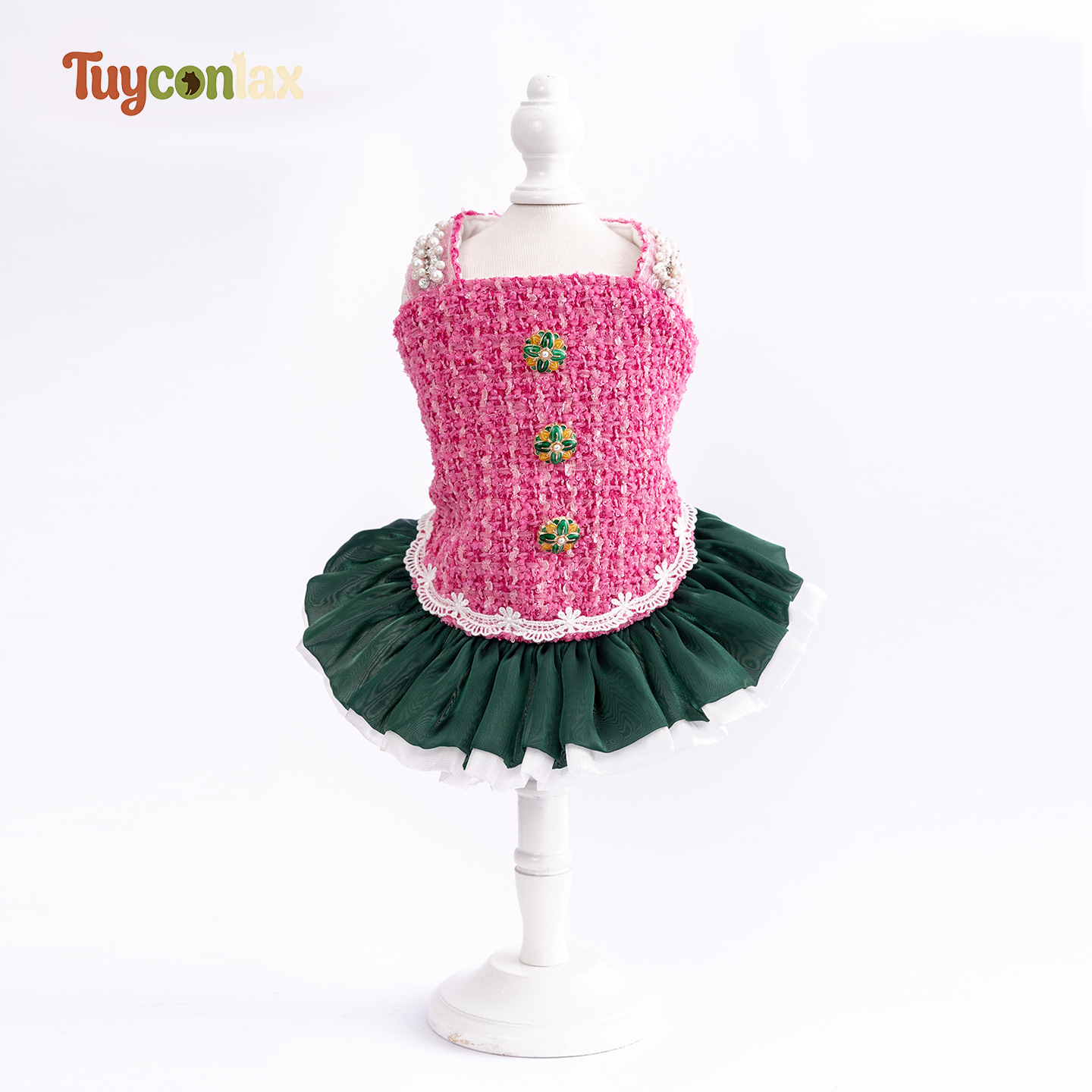 Rose Pink Bouclé Tweed Dog Tutu Dress | French Contrast Color Winter Pet Princess Gown