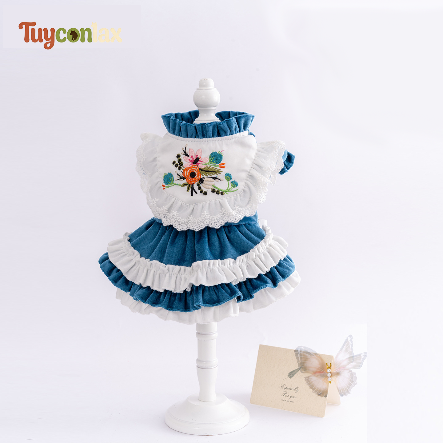 Peacock Blue Floral Embroidered Dog Dress | Soft Velvet Tiered Ruffle Pet Princess Gown