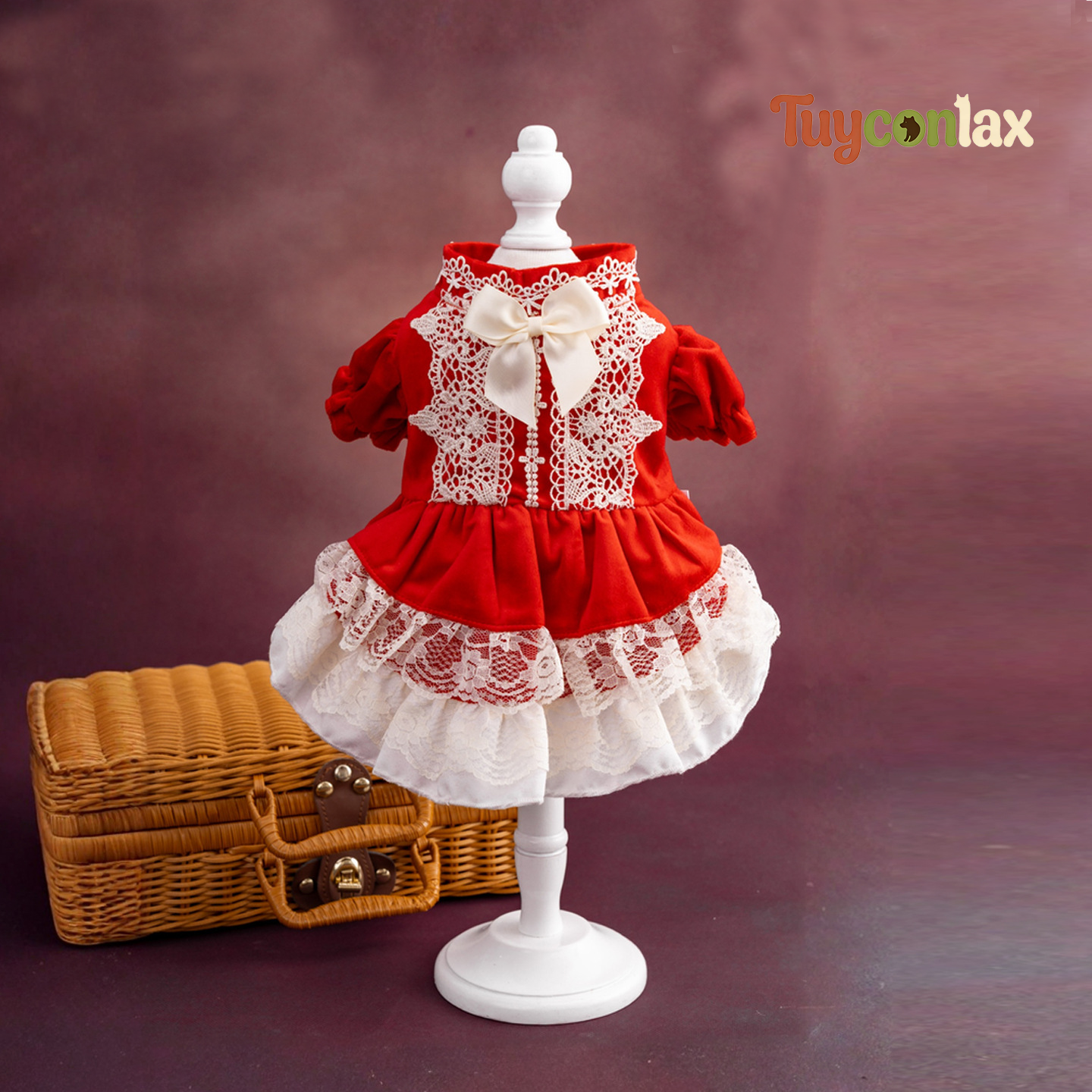 Festive Red Lace Dog Tutu Dress | Vintage Holiday Winter Pet Princess Gown