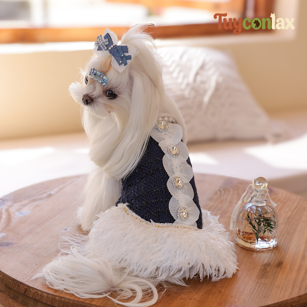 Luxury Navy Tweed Dog Dress | Elegant Boutique Winter Dress for Small Dogs