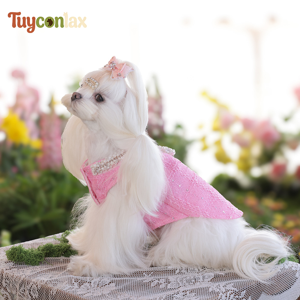 Luxury Pink Tweed Dog Dress | Elegant Boutique Outfit for Small Dogs