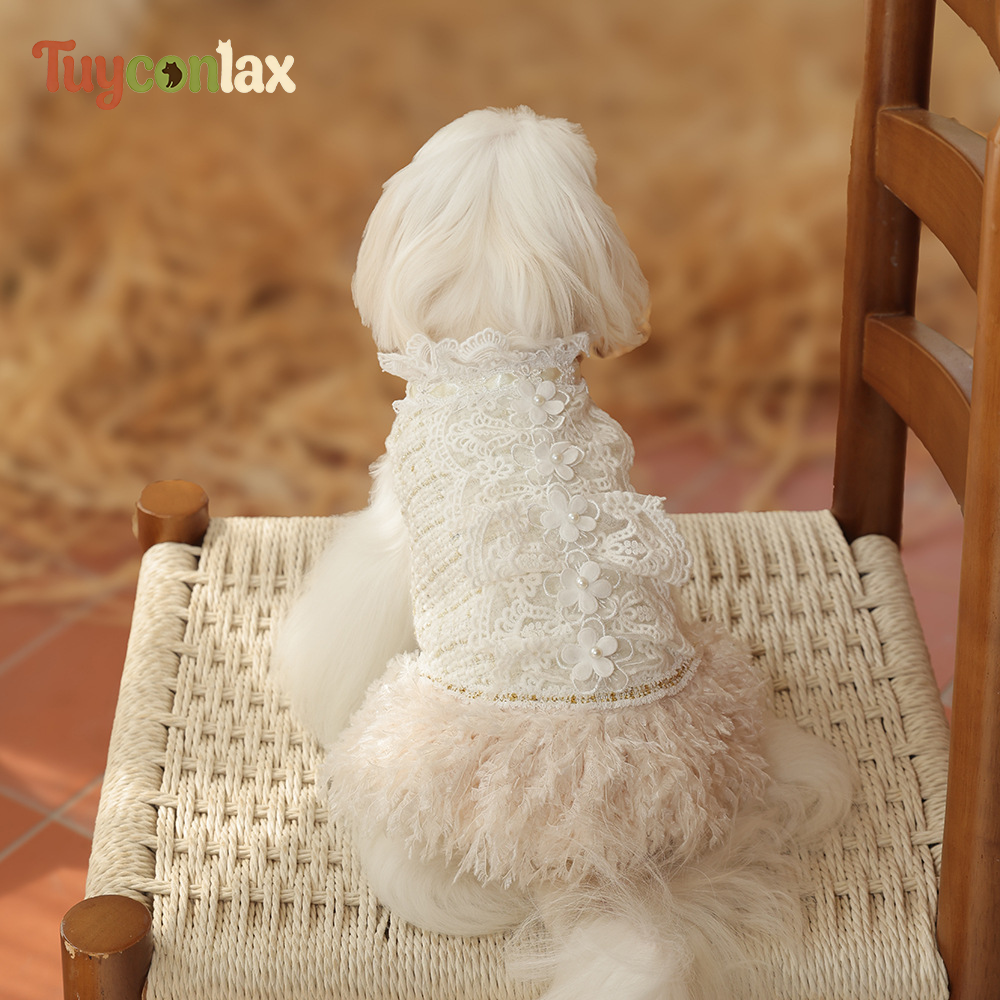 Luxury Lace Pearl Dog Gown | French Haute Couture Winter Princess Dress for Small Breed Dogs