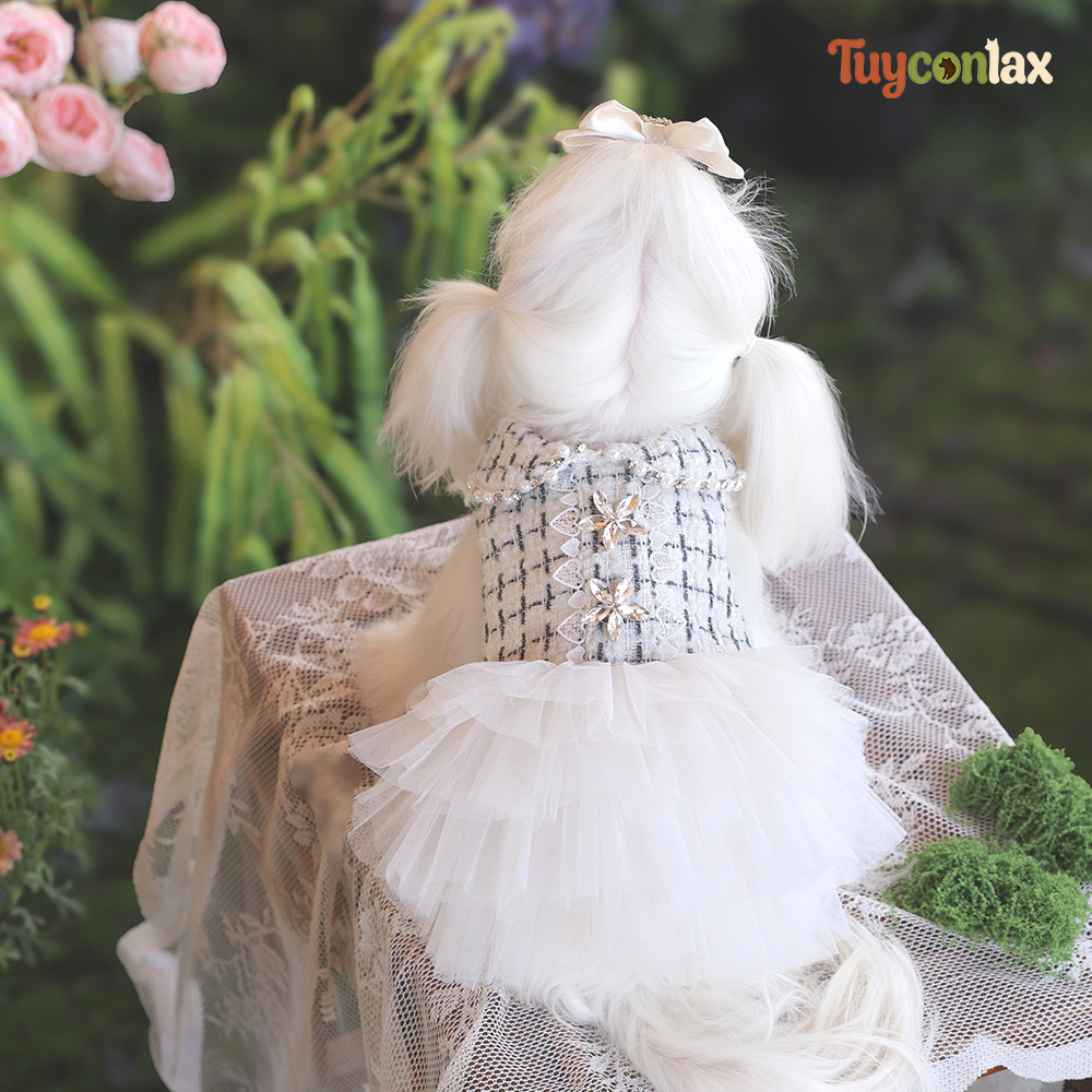 White Tweed Tulle Dog Dress | Winter French Luxury Princess Gown for Small Breed Dogs