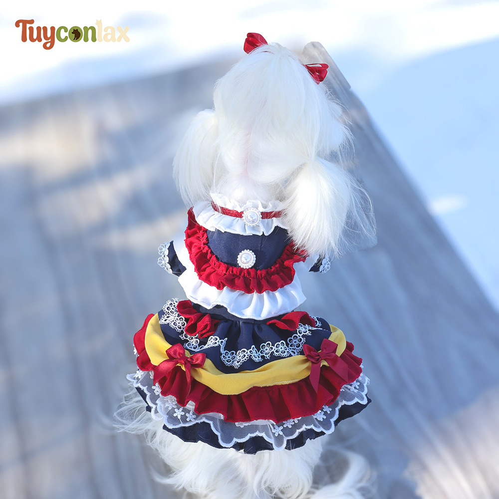 Vintage Color Block Ruffle Dog Dress | European Lolita Style Small Pet Princess Gown
