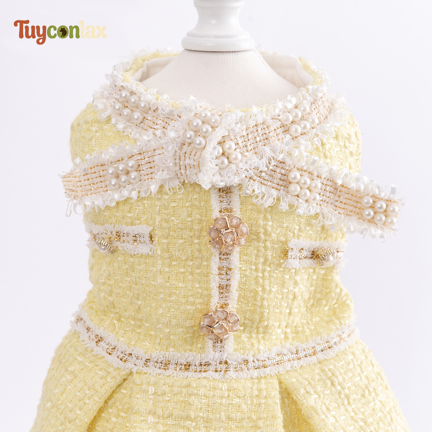 Butter Yellow Tweed Dog Dress | French Luxury Winter Layered Skirt for Small Dogs