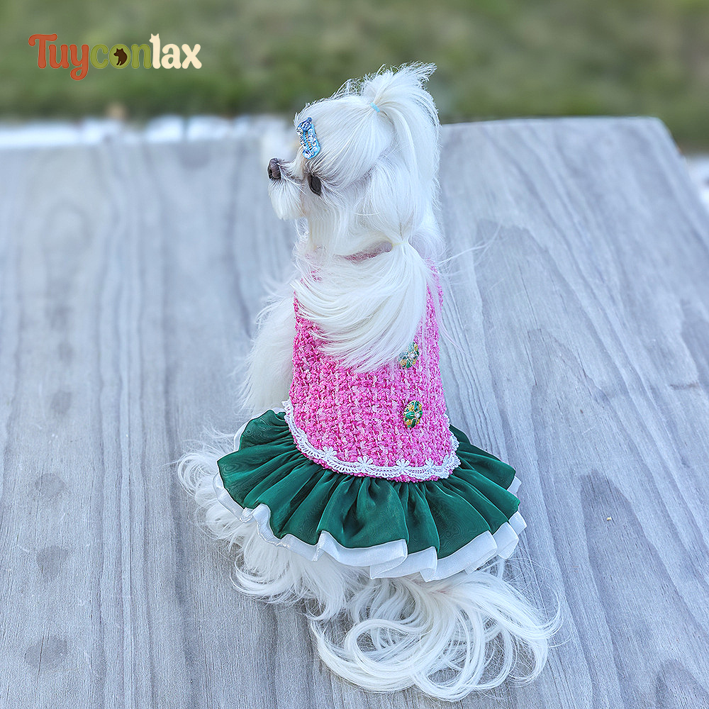 Rose Pink Bouclé Tweed Dog Tutu Dress | French Contrast Color Winter Pet Princess Gown