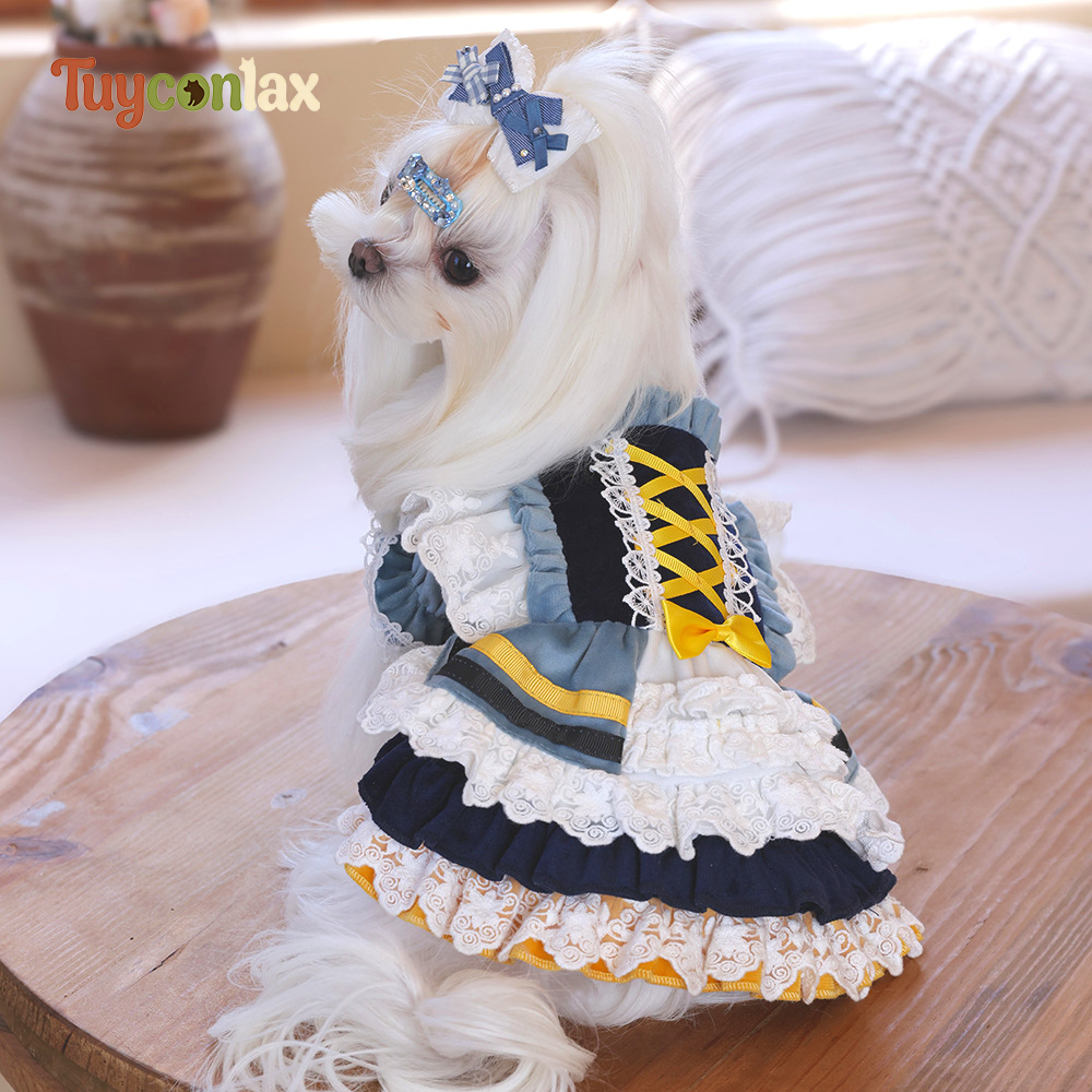 Peacock Blue Lace Ruffle Lolita Dog Dress | Vintage European Tiered Pet Party Gown