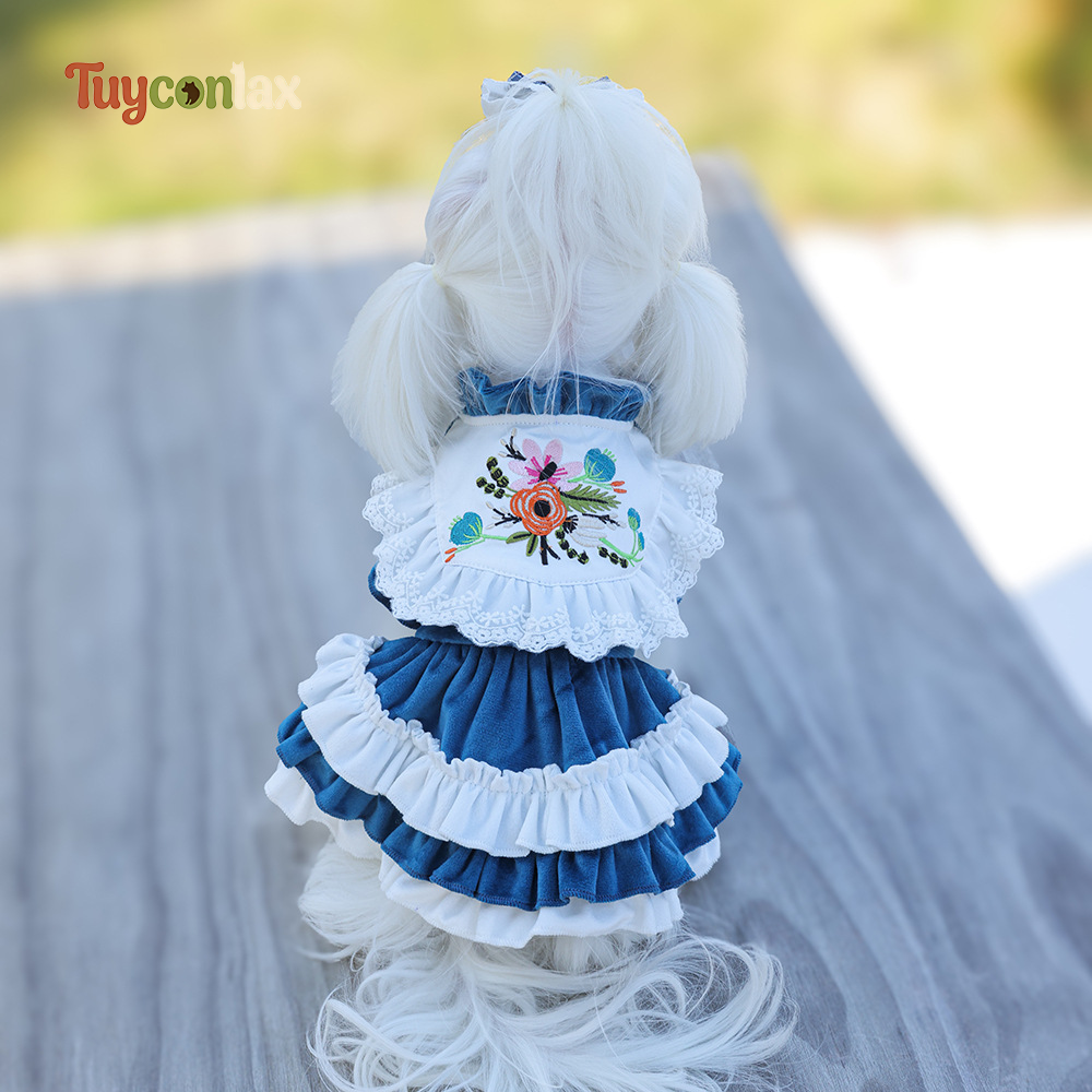 Peacock Blue Floral Embroidered Dog Dress | Soft Velvet Tiered Ruffle Pet Princess Gown