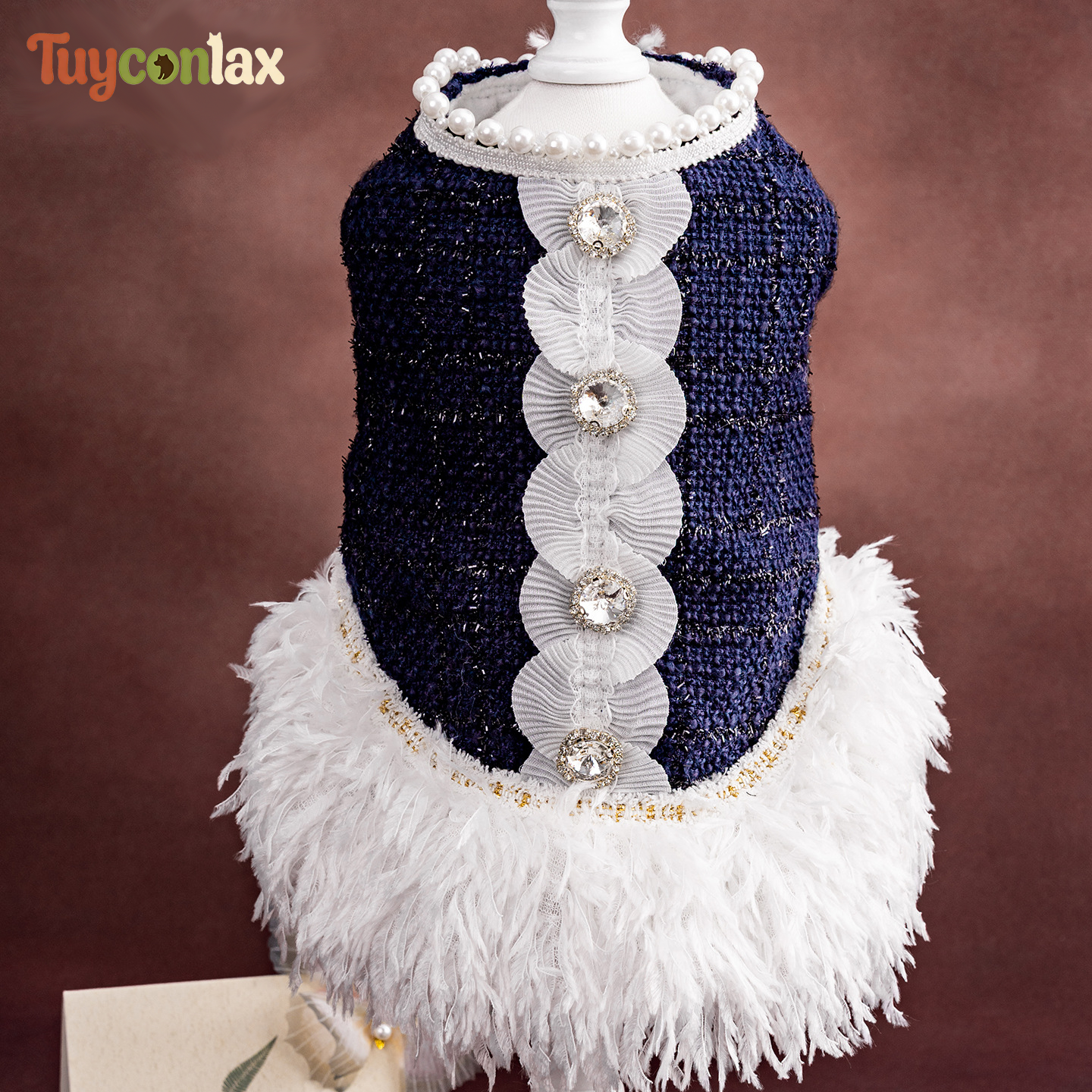 Luxury Navy Tweed Dog Dress | Elegant Boutique Winter Dress for Small Dogs