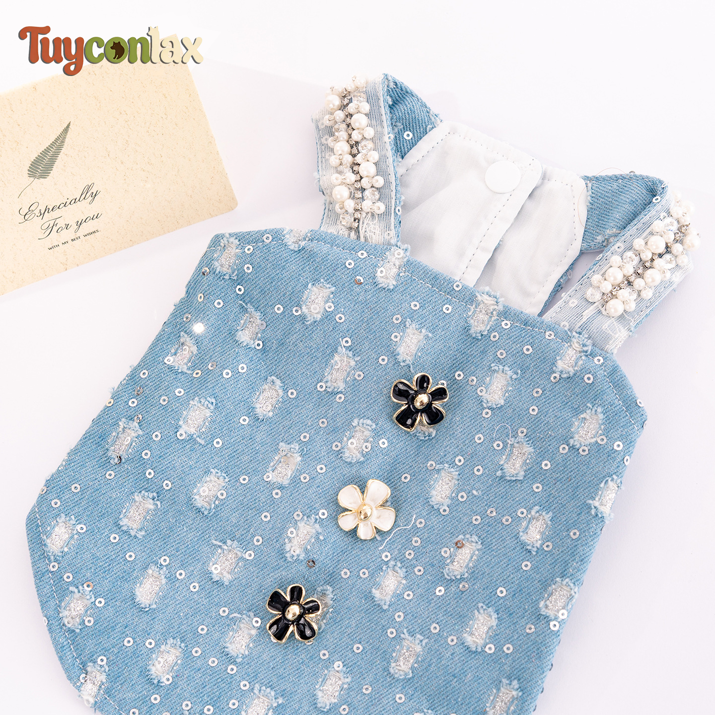 Luxurious light blue tweed dog dress | Haute couture boutique small dog clothing