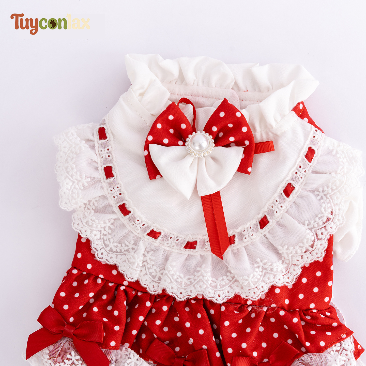 Red Polka Dot Princess Dog Dress | Boutique Lace Ruffle Dress for Small Dogs