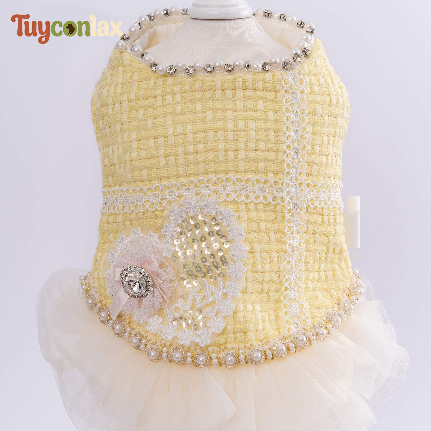 Yellow Tweed Tulle Dog Dress | Spring French Inspired Princess Gown for Small Dogs