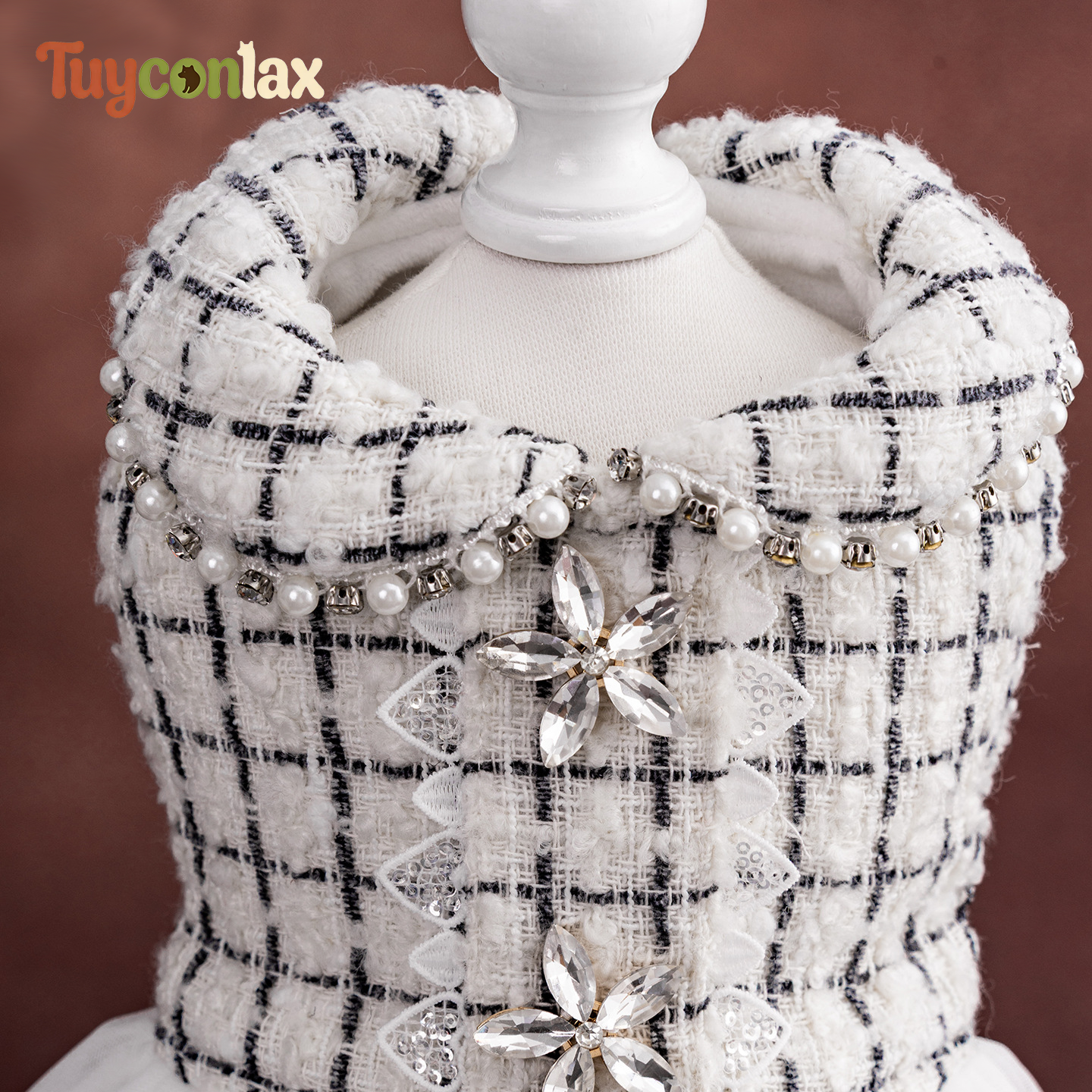 White Tweed Tulle Dog Dress | Winter French Luxury Princess Gown for Small Breed Dogs