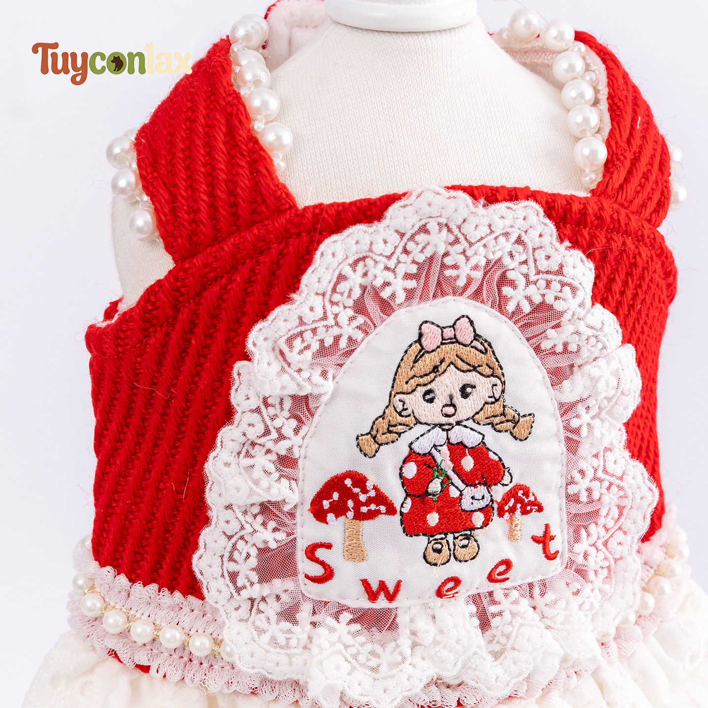 Red Knit Lace Dog Slip Dress | Fall Winter Cartoon Print Pet Princess Tutu Gown