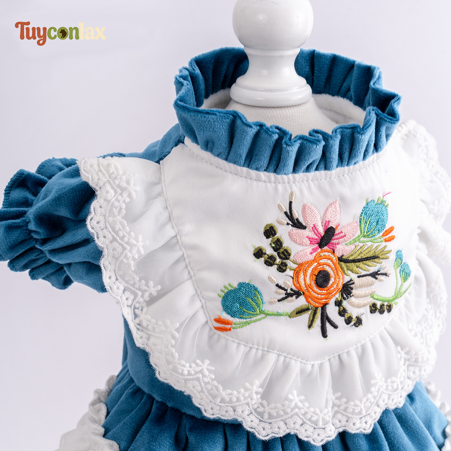 Peacock Blue Floral Embroidered Dog Dress | Soft Velvet Tiered Ruffle Pet Princess Gown