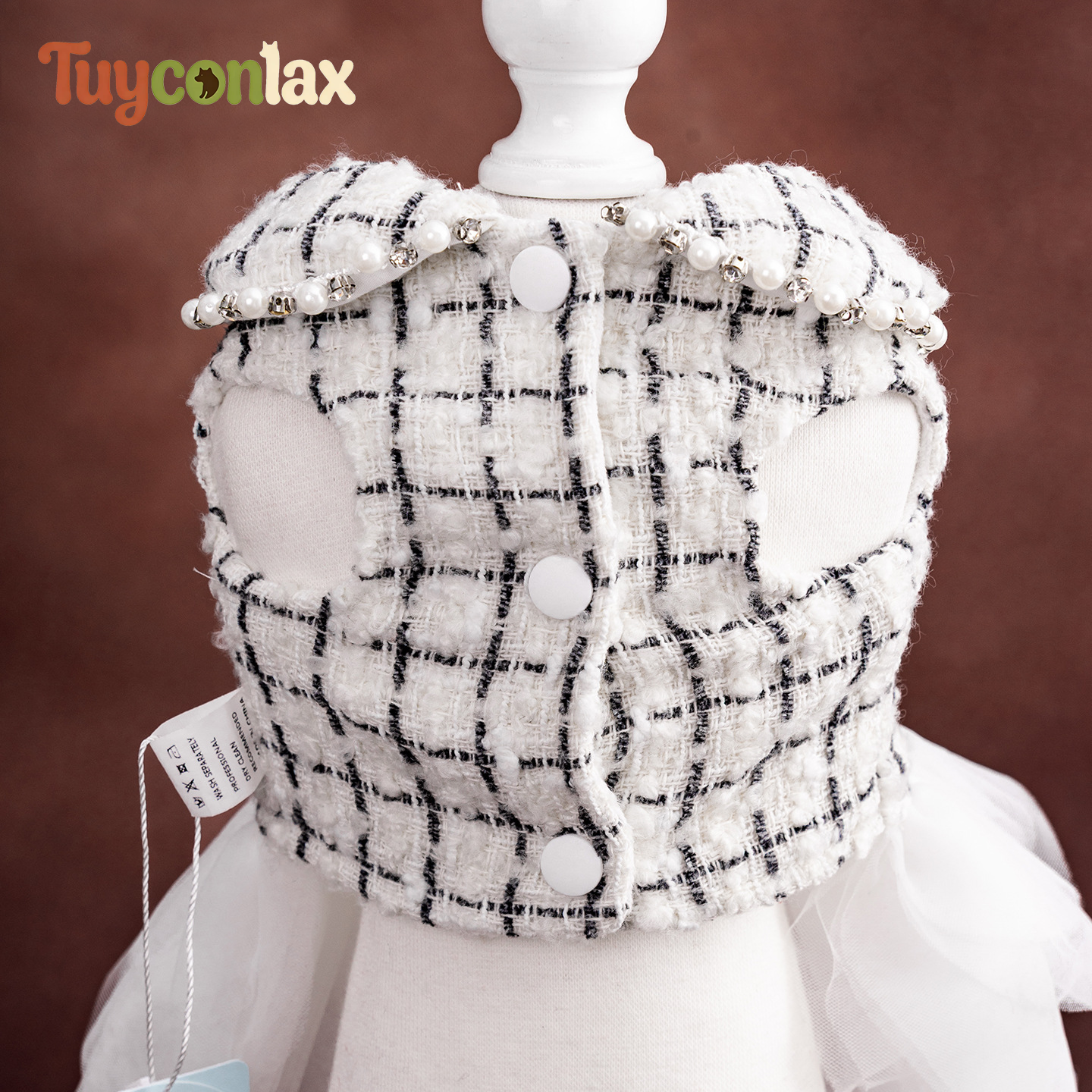 White Tweed Tulle Dog Dress | Winter French Luxury Princess Gown for Small Breed Dogs