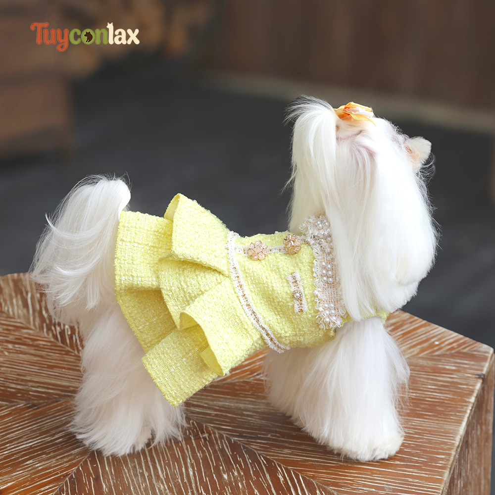 Butter Yellow Tweed Dog Dress | French Luxury Winter Layered Skirt for Small Dogs