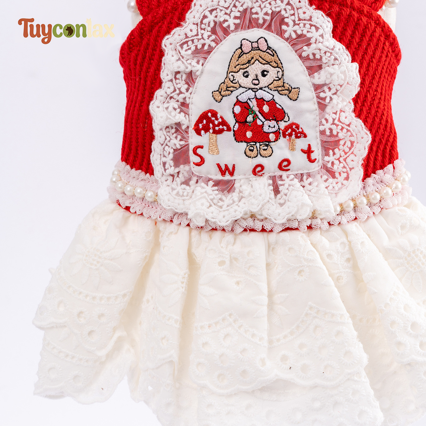Red Knit Lace Dog Slip Dress | Fall Winter Cartoon Print Pet Princess Tutu Gown