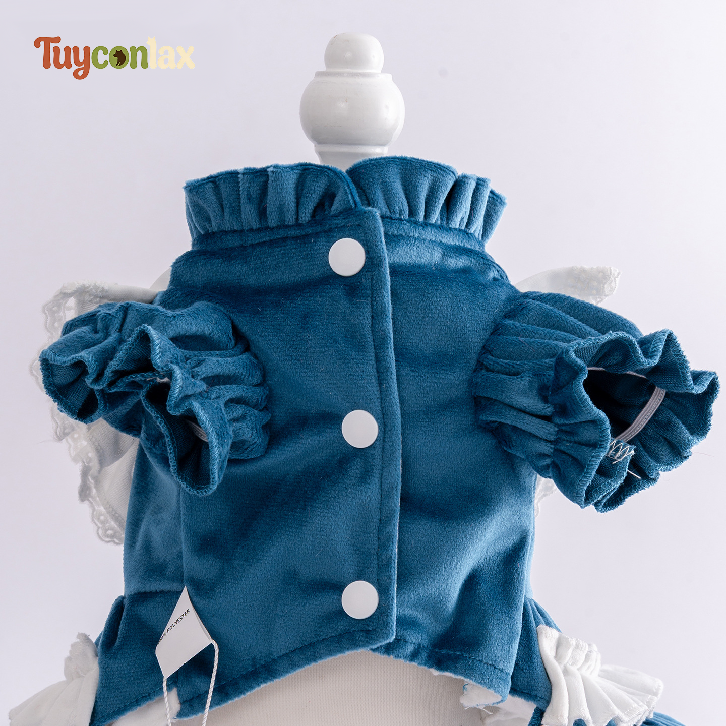 Peacock Blue Floral Embroidered Dog Dress | Soft Velvet Tiered Ruffle Pet Princess Gown
