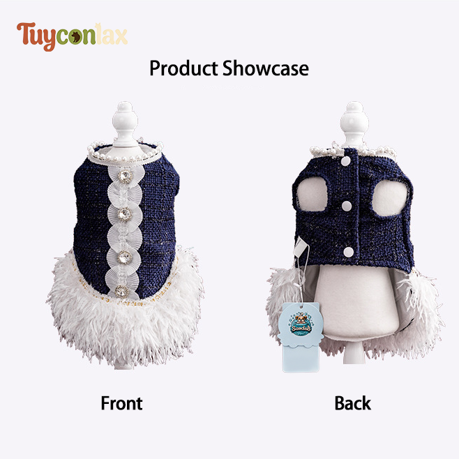 Luxury Navy Tweed Dog Dress | Elegant Boutique Winter Dress for Small Dogs