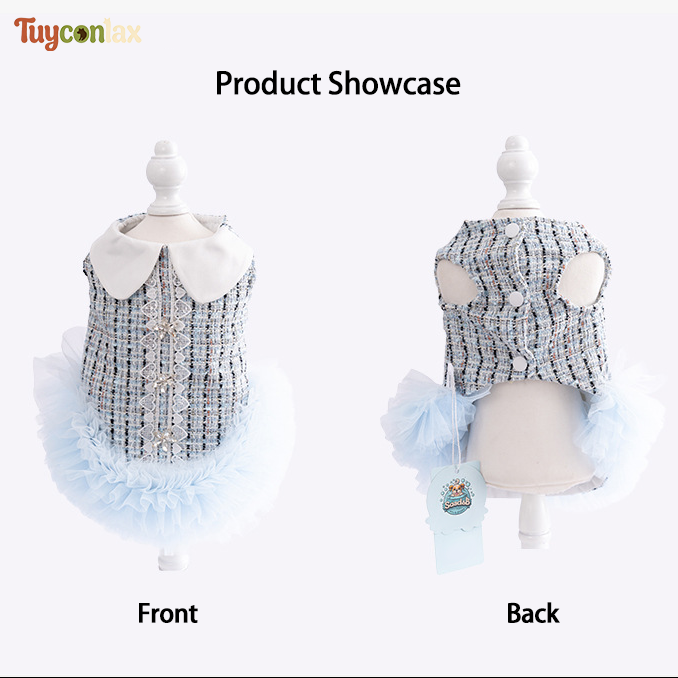 Luxury Blue Tweed Dog Dress | French Boutique Dress for Small Dogs