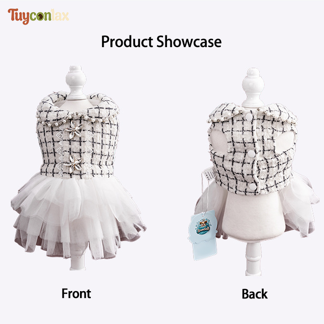White Tweed Tulle Dog Dress | Winter French Luxury Princess Gown for Small Breed Dogs