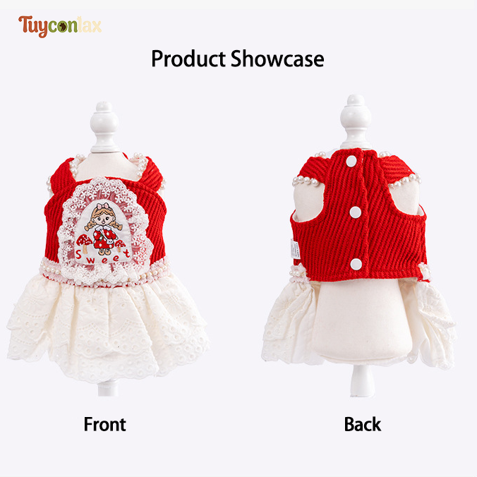 Red Knit Lace Dog Slip Dress | Fall Winter Cartoon Print Pet Princess Tutu Gown