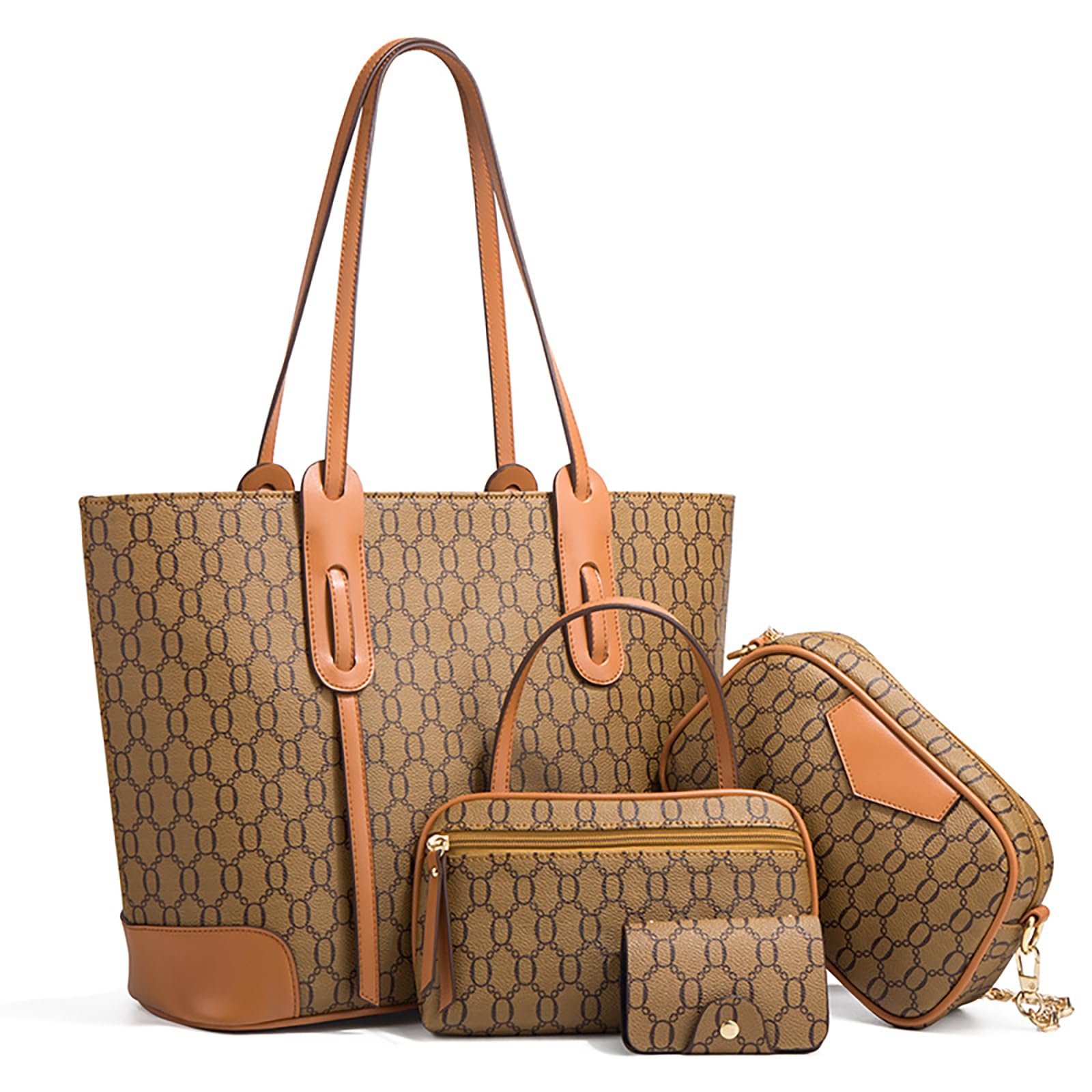 VN-B14Women’s 4-Piece Tote Bag Set – Vintage Monogram Pattern, PU Leather, Large & Stylish