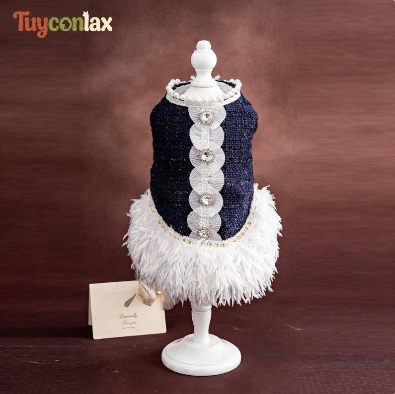 Luxury Navy Tweed Dog Dress | Elegant Boutique Winter Dress for Small Dogs
