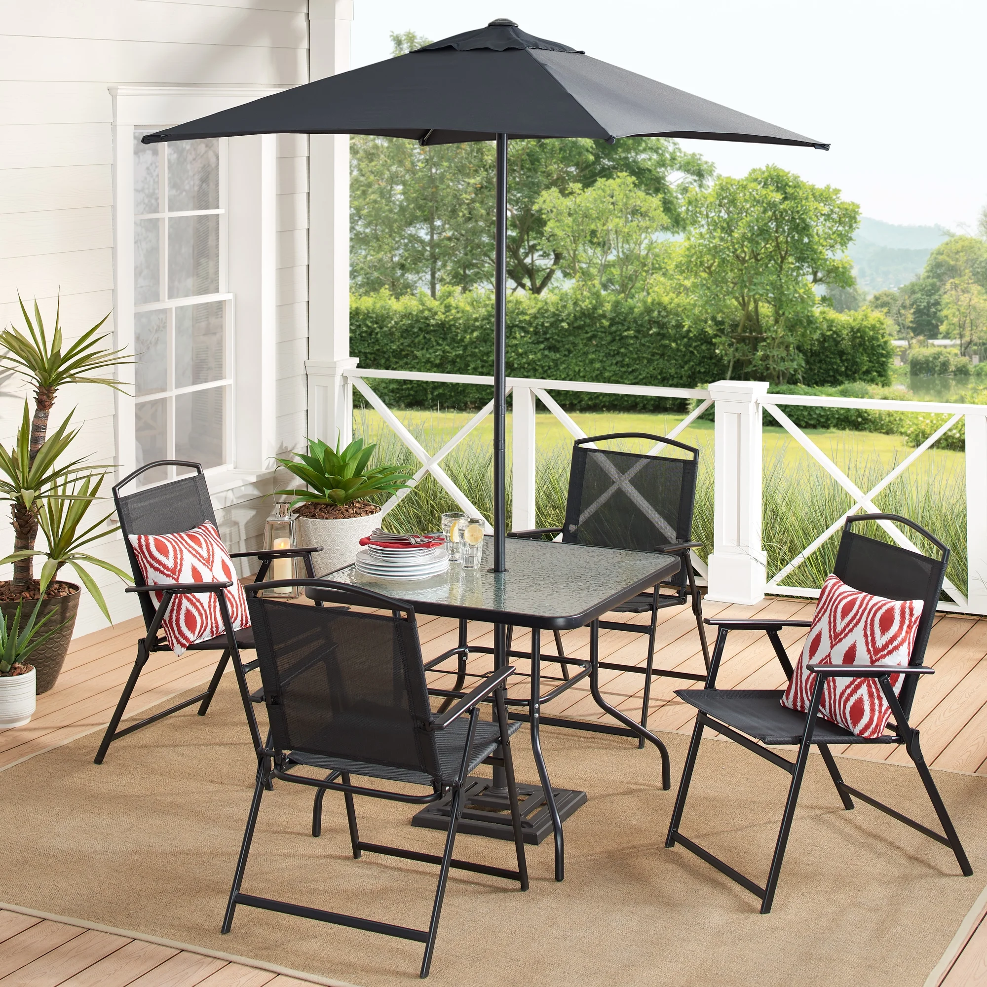 Juego de comedor para patio exterior Mainstays Albany Lane de 6 piezas, negro (base de sombrilla se vende por separado)
