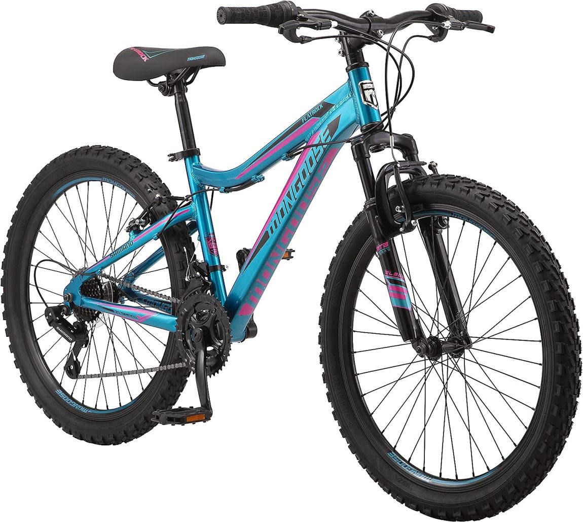 Mongoose Flatrock Hardtail Mountain Bike for Youth Adult Men Women, 21-Speed Twist Shifters, 24 to 29-Inch Wheels, 14.5 to 18-Inch Aluminum Frame Options
