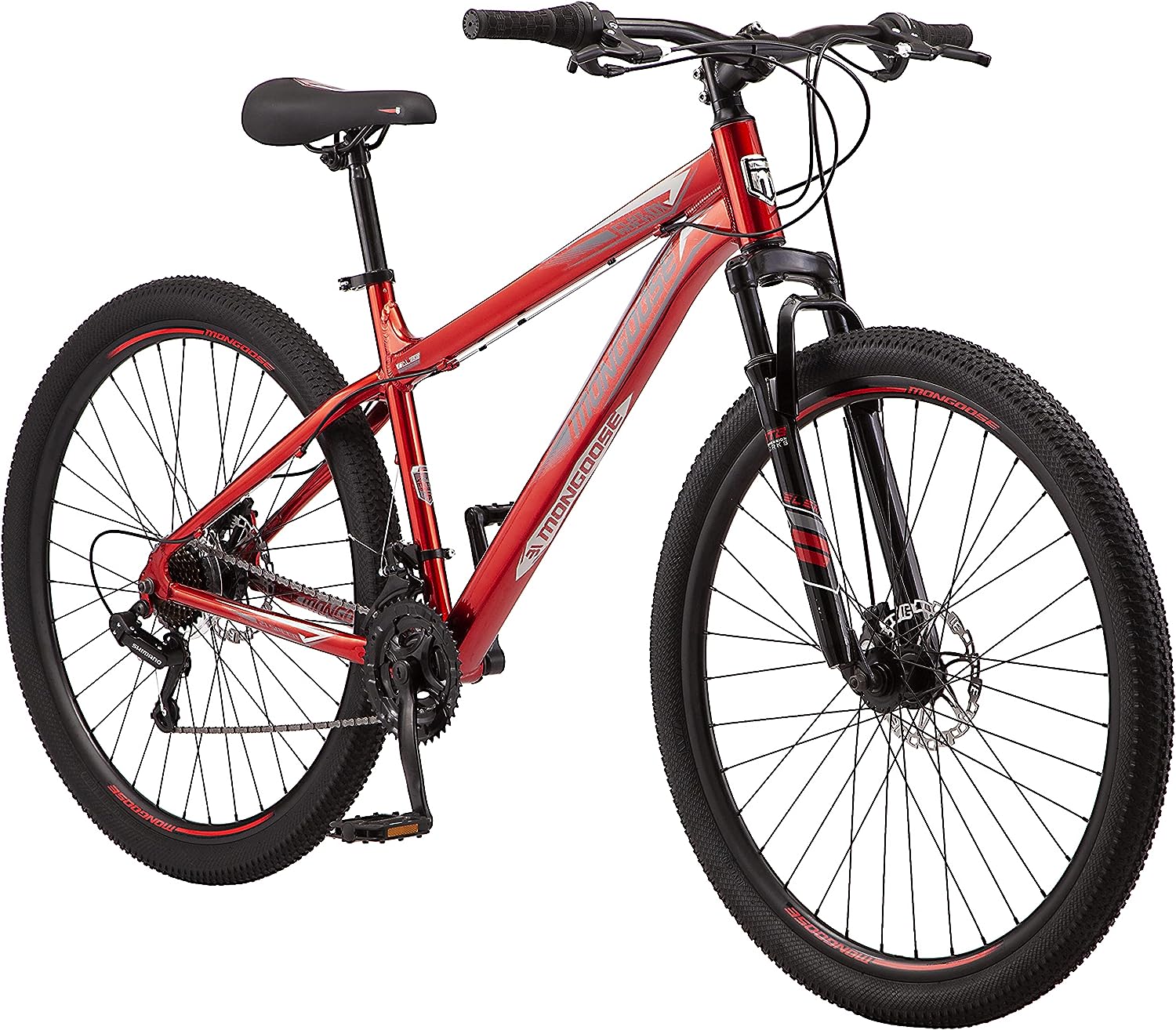 Mongoose Flatrock Hardtail Mountain Bike for Youth Adult Men Women, 21-Speed Twist Shifters, 24 to 29-Inch Wheels, 14.5 to 18-Inch Aluminum Frame Options