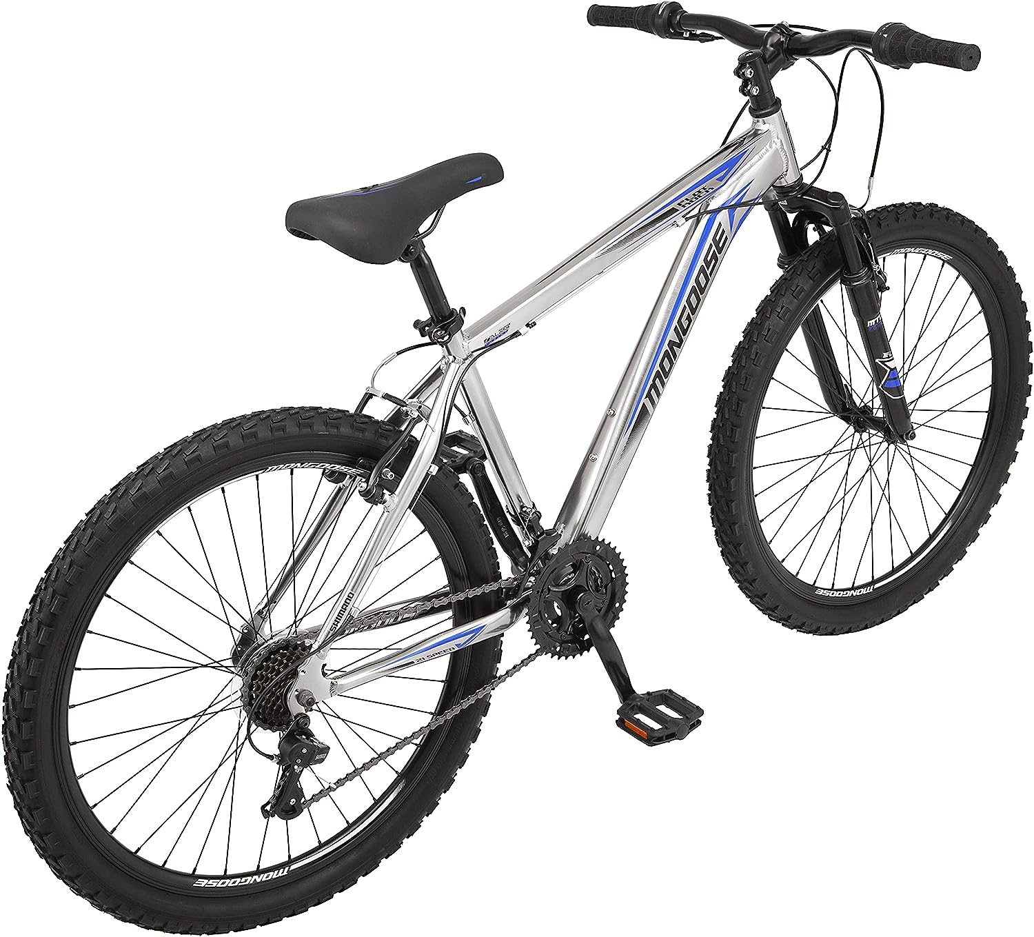 Mongoose Flatrock Hardtail Mountain Bike for Youth Adult Men Women, 21-Speed Twist Shifters, 24 to 29-Inch Wheels, 14.5 to 18-Inch Aluminum Frame Options