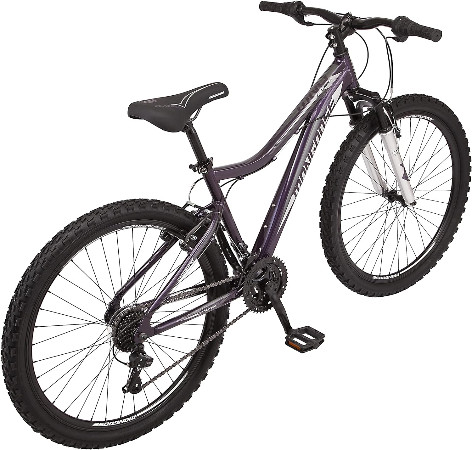 Mongoose Flatrock Hardtail Mountain Bike for Youth Adult Men Women, 21-Speed Twist Shifters, 24 to 29-Inch Wheels, 14.5 to 18-Inch Aluminum Frame Options