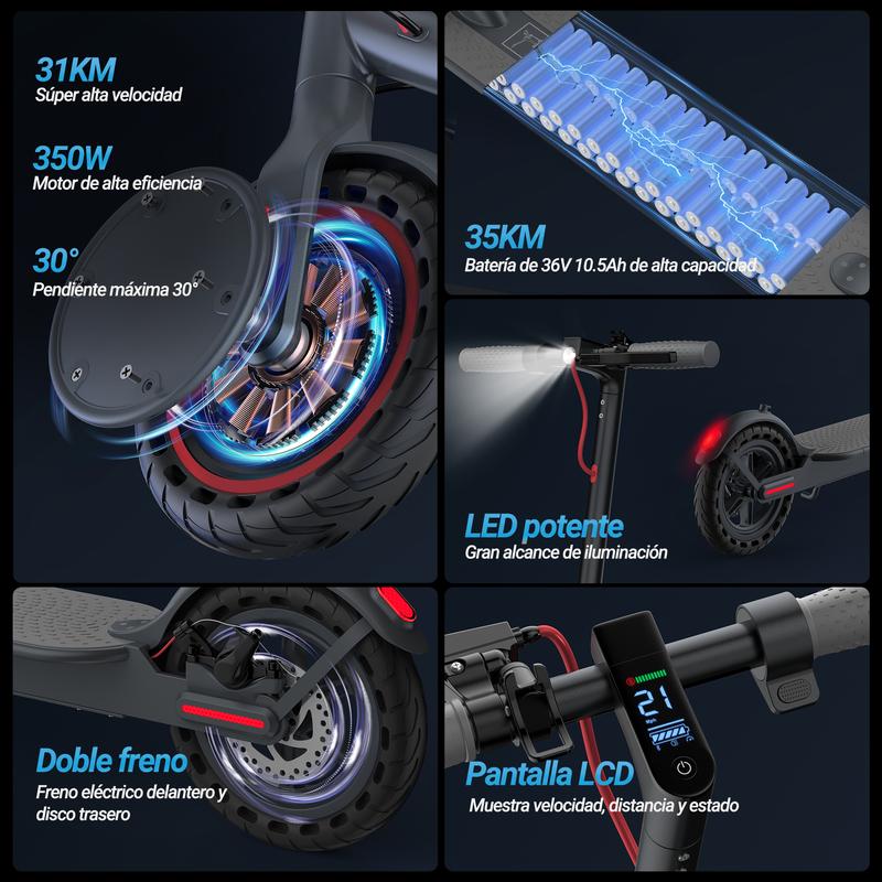 LADPED LP80 Patinete Eléctrico｜Velocidad máxima de 31 km/h｜Autonomía de hasta 30 km｜Motor de 350W｜Neumáticos antipinchazos de 8.5 pulgadas｜3 modos de velocidad｜Sistema de doble freno｜Diseño plegable y portátil｜Control mediante App｜Freno de tambor｜Capacida