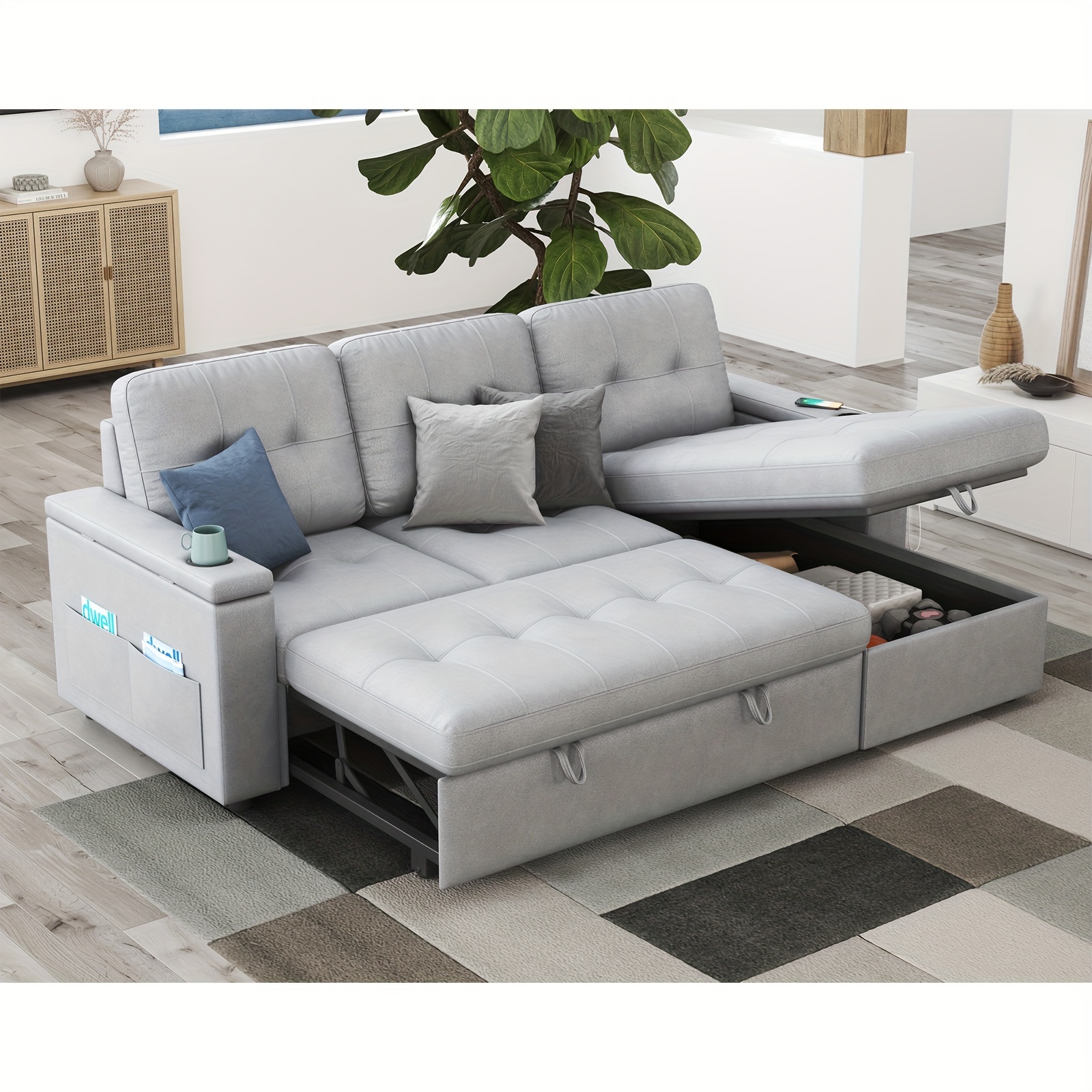 Sofá cama capitoné extra grande de 84" con almacenamiento - 2 puertos USB, portavasos, sillón reclinable en forma de L, estructura de madera maciza y estilo contemporáneo - Gris claro ----- Cojines