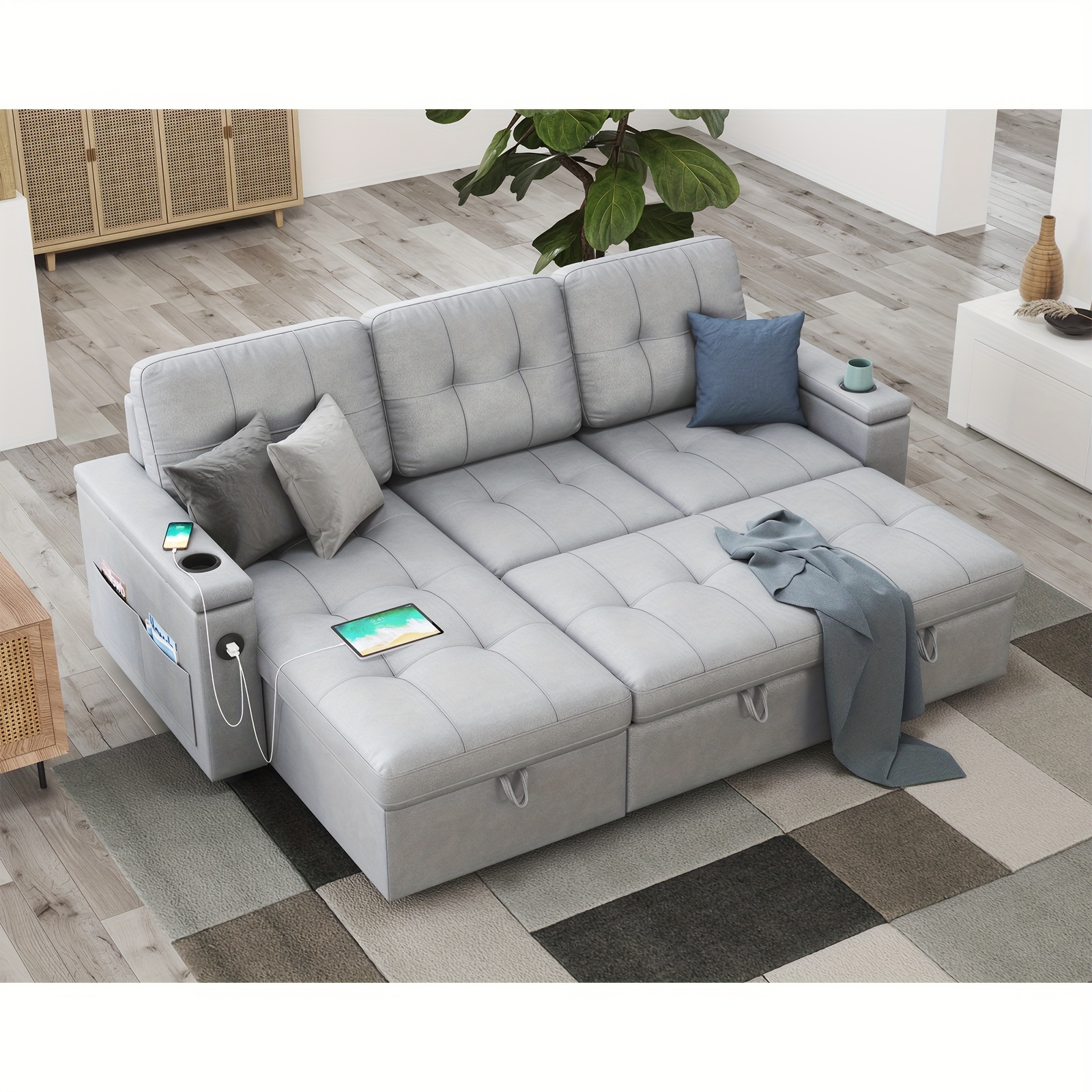 Sofá cama capitoné extra grande de 84" con almacenamiento - 2 puertos USB, portavasos, sillón reclinable en forma de L, estructura de madera maciza y estilo contemporáneo - Gris claro ----- Cojines