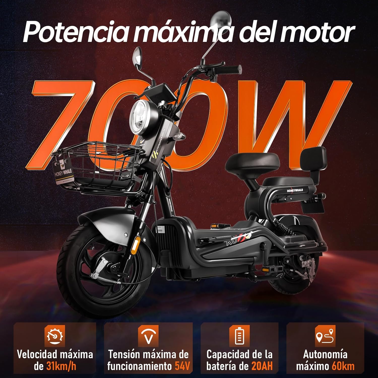 HONEYWHALE KC-Cool Bicicleta Electrica para Adultos, Bicimoto Eléctrica con Alarma, Máxima del Motor 700W, Velocidad Máxima 45KM/H, Autonomía 55-60KM, Baterías de Gran Capacidad 20AH—válvula de vehículo eléctrico