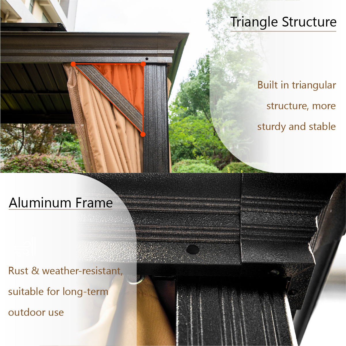 Gazebo exterior de techo rígido de 10' x 12' con techo doble, cortinas y red