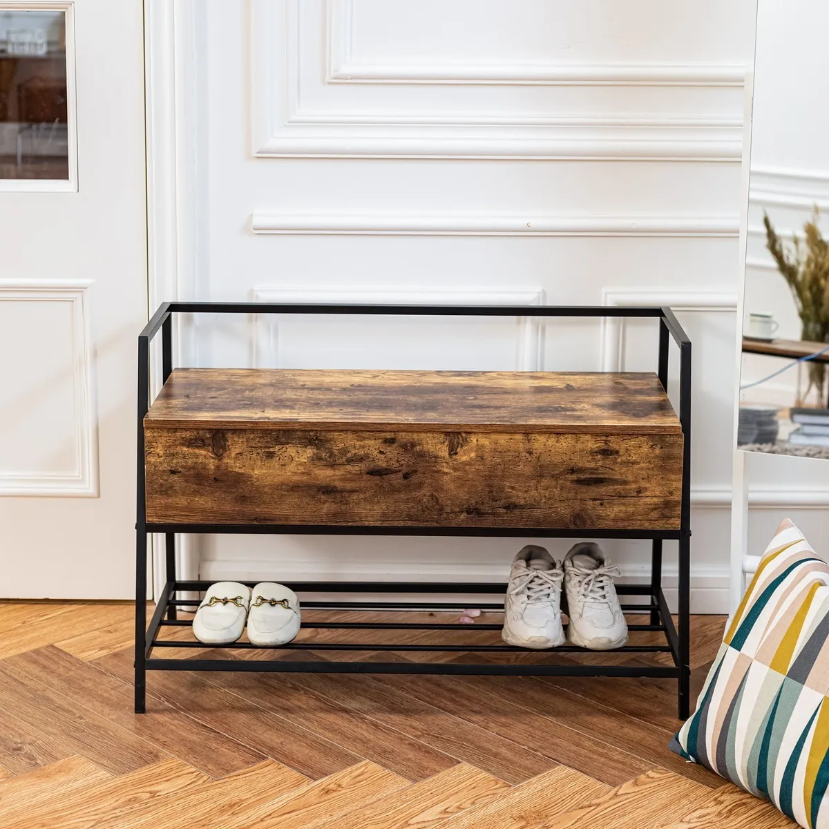 Banco De Zapatos Con Caja De Almacenamiento Abatible Color Marrón