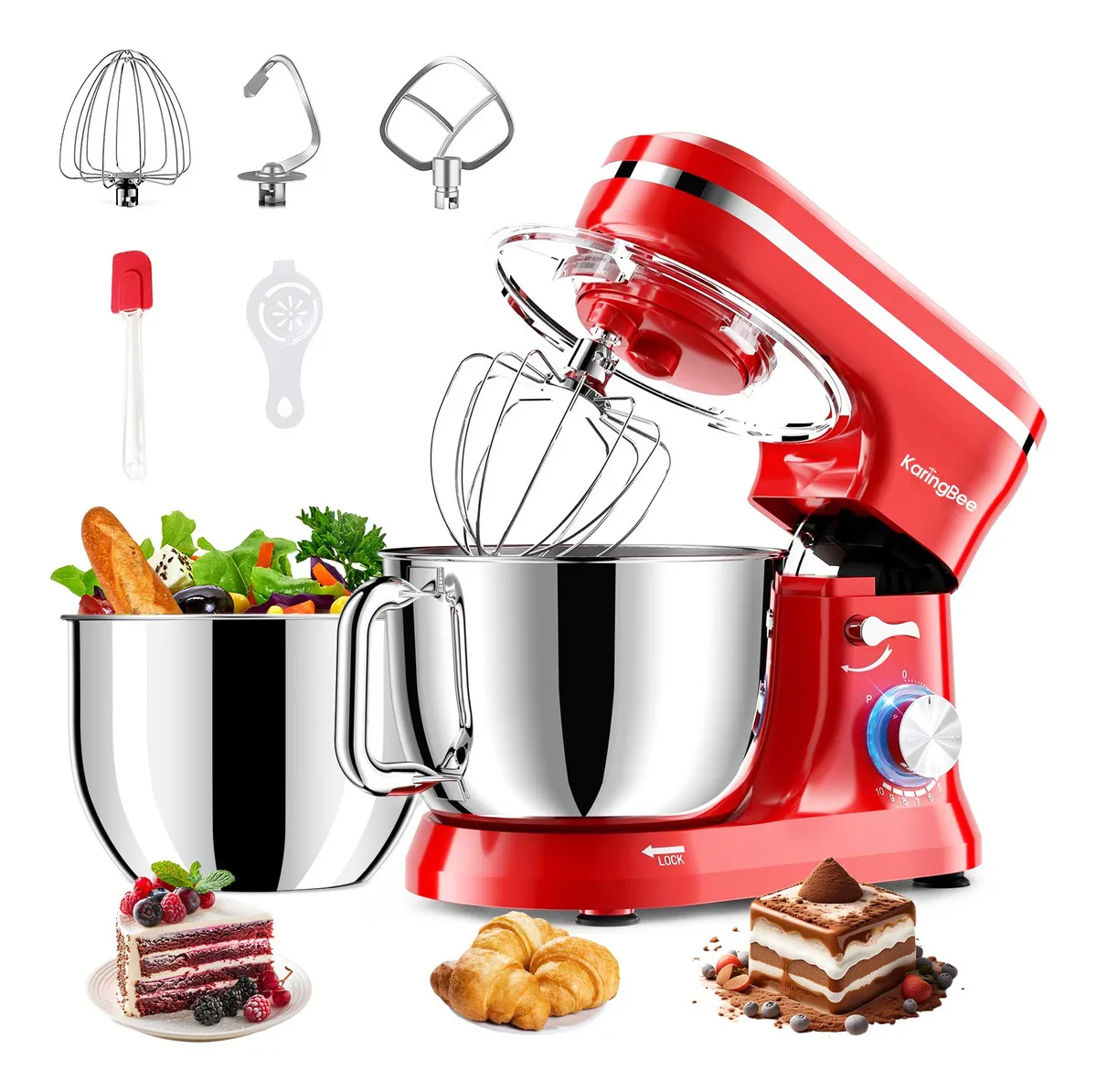 Batidoras de pedestal Karingbee KB-1510H 10+p velocidades 660w con 6.5qt+5qt tazón de acero inoxidable y 6 accesorios