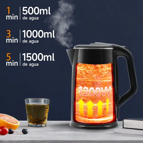 Hervidor eléctrico 1200W, Tetera 1.7L de gran capacidad, con diseño de doble capa antiquemaduras, luz LED indicadora, apagado automático y protección contra ebullición en seco, negro, Aigostar