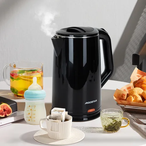 Hervidor eléctrico 1200W, Tetera 1.7L de gran capacidad, con diseño de doble capa antiquemaduras, luz LED indicadora, apagado automático y protección contra ebullición en seco, negro, Aigostar