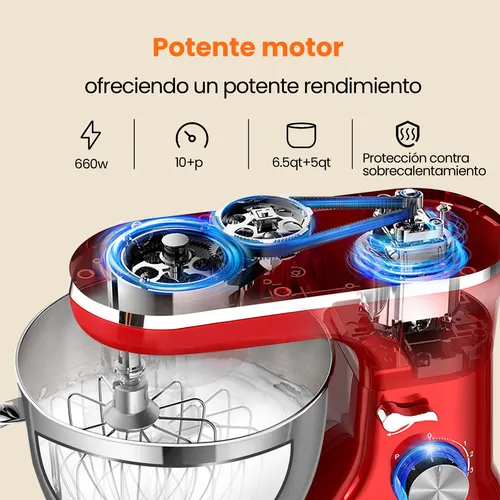 Batidoras de pedestal Karingbee KB-1510H 10+p velocidades 660w con 6.5qt+5qt tazón de acero inoxidable y 6 accesorios