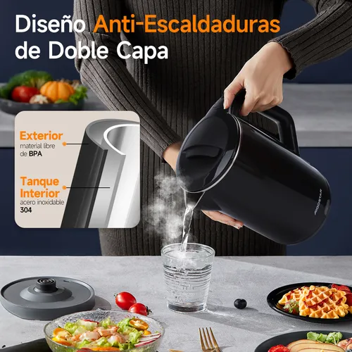 Hervidor eléctrico 1200W, Tetera 1.7L de gran capacidad, con diseño de doble capa antiquemaduras, luz LED indicadora, apagado automático y protección contra ebullición en seco, negro, Aigostar