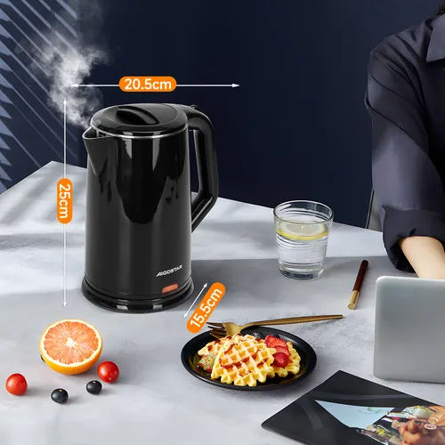 Hervidor eléctrico 1200W, Tetera 1.7L de gran capacidad, con diseño de doble capa antiquemaduras, luz LED indicadora, apagado automático y protección contra ebullición en seco, negro, Aigostar