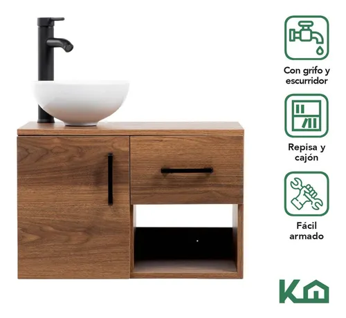 Mueble Kit Para Baño Gabinete Organizador Con Monomando Lavabo Color Madera Kingshouse