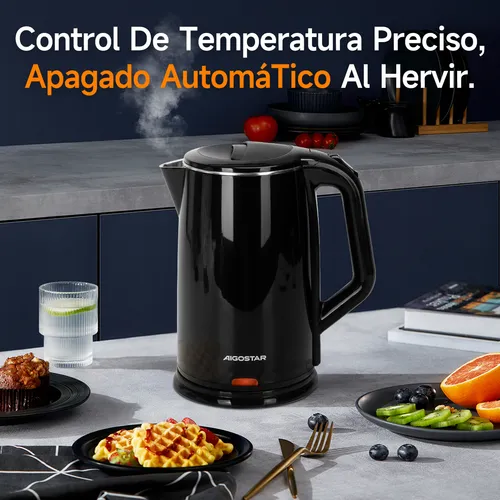 Hervidor eléctrico 1200W, Tetera 1.7L de gran capacidad, con diseño de doble capa antiquemaduras, luz LED indicadora, apagado automático y protección contra ebullición en seco, negro, Aigostar