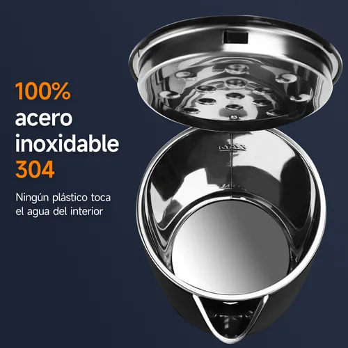 Hervidor eléctrico 1200W, Tetera 1.7L de gran capacidad, con diseño de doble capa antiquemaduras, luz LED indicadora, apagado automático y protección contra ebullición en seco, negro, Aigostar