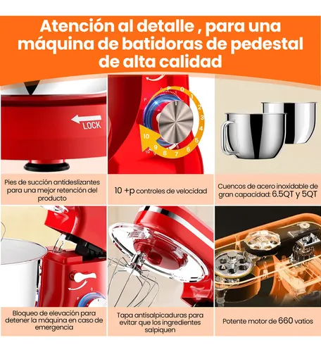 Batidoras de pedestal Karingbee KB-1510H 10+p velocidades 660w con 6.5qt+5qt tazón de acero inoxidable y 6 accesorios